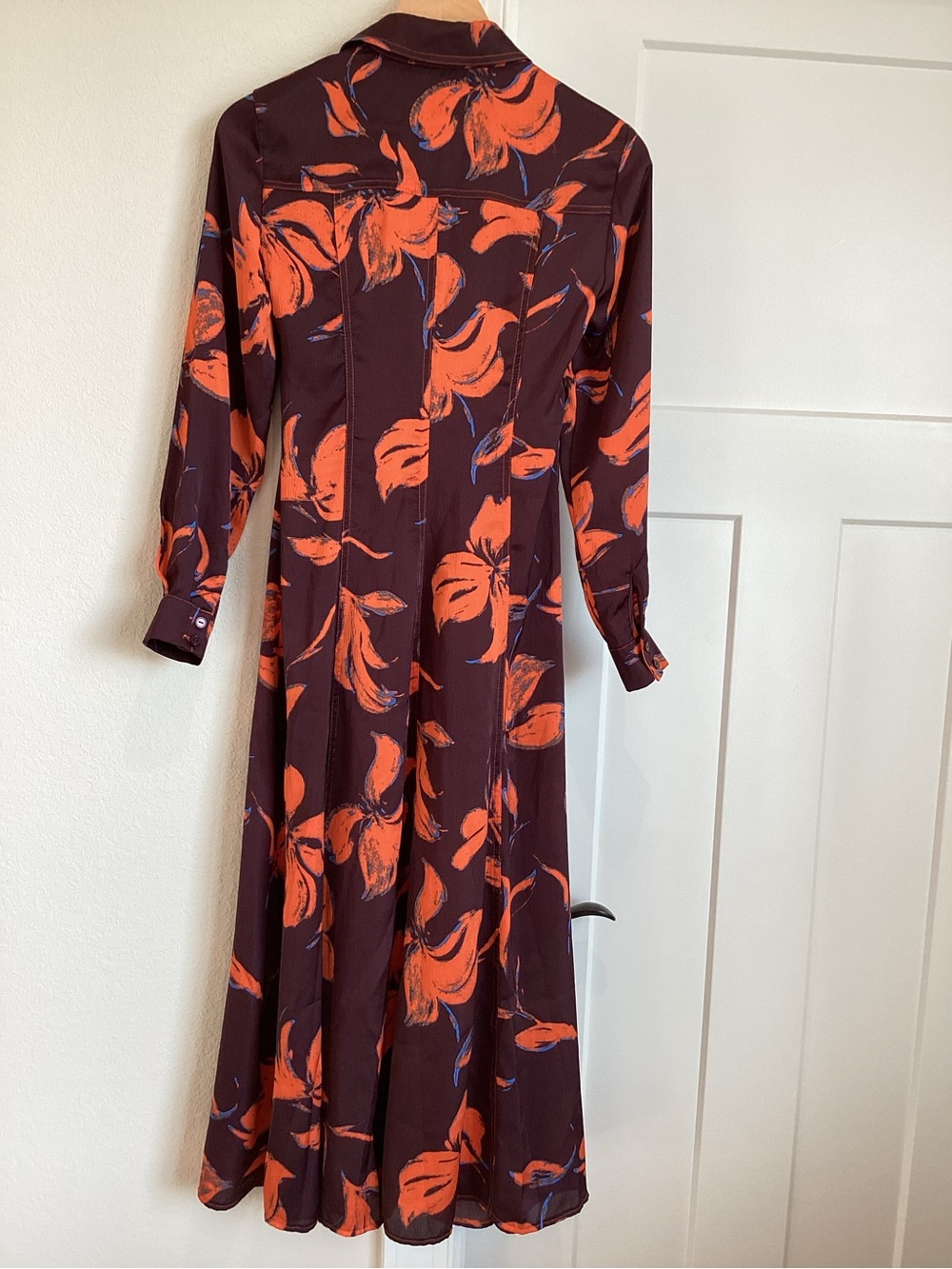 Exquise Long Sleeve Satin Shirt Dress Button Front New XXS Purple Orange Floral - Picture 12 of 13